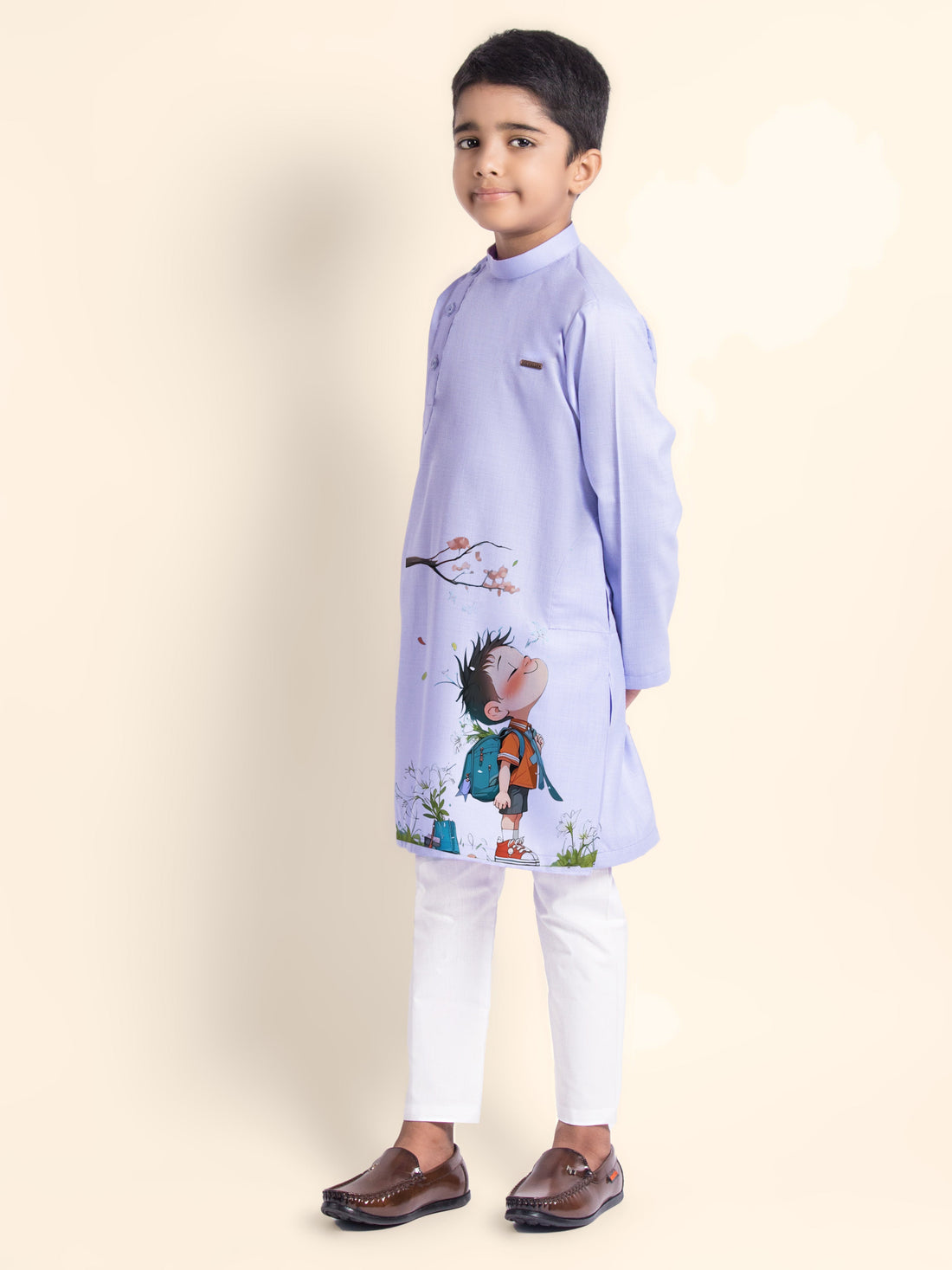 Boys' Purple Cotton Kurta & Pyjama Set – Printed