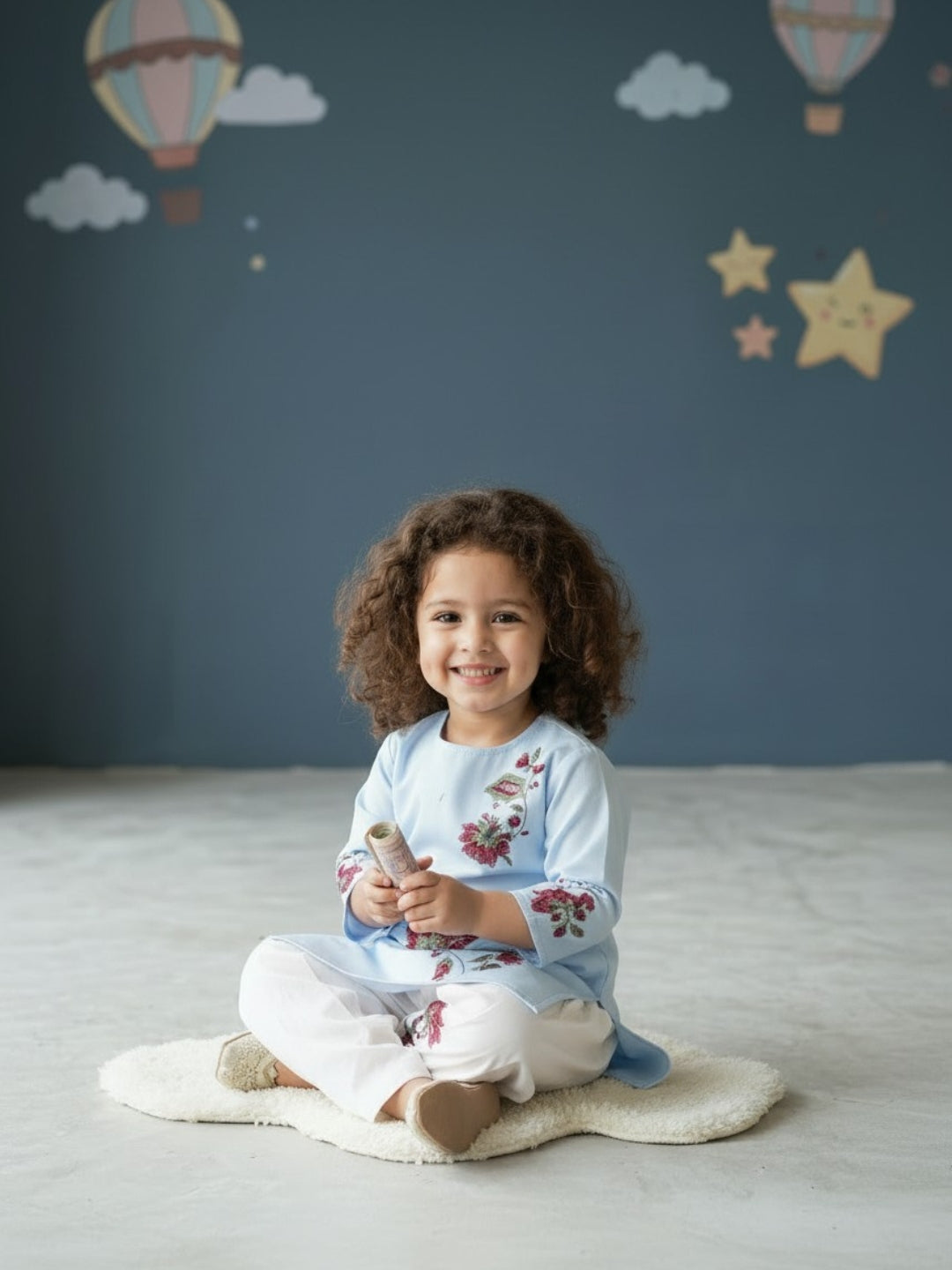Girls' Sky Blue Cotton Kurti Set – Ethnic Print