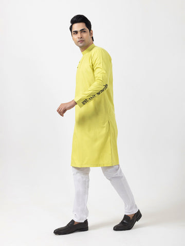 Men's Lime Green Cotton Kurta Set – Ethnic Print & Side Placket