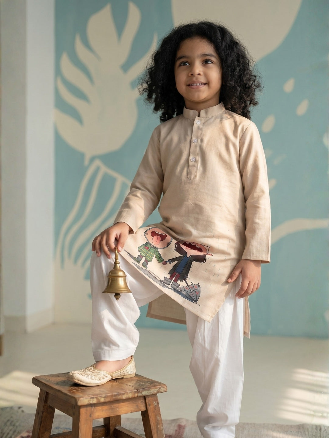 Girls' Beige Cotton Kurti Set – Ethnic Print