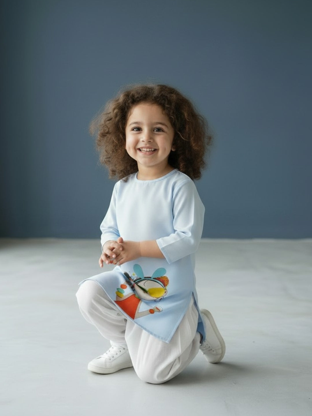 Girls' Sky Blue Cotton Kurti Set – Ethnic Print
