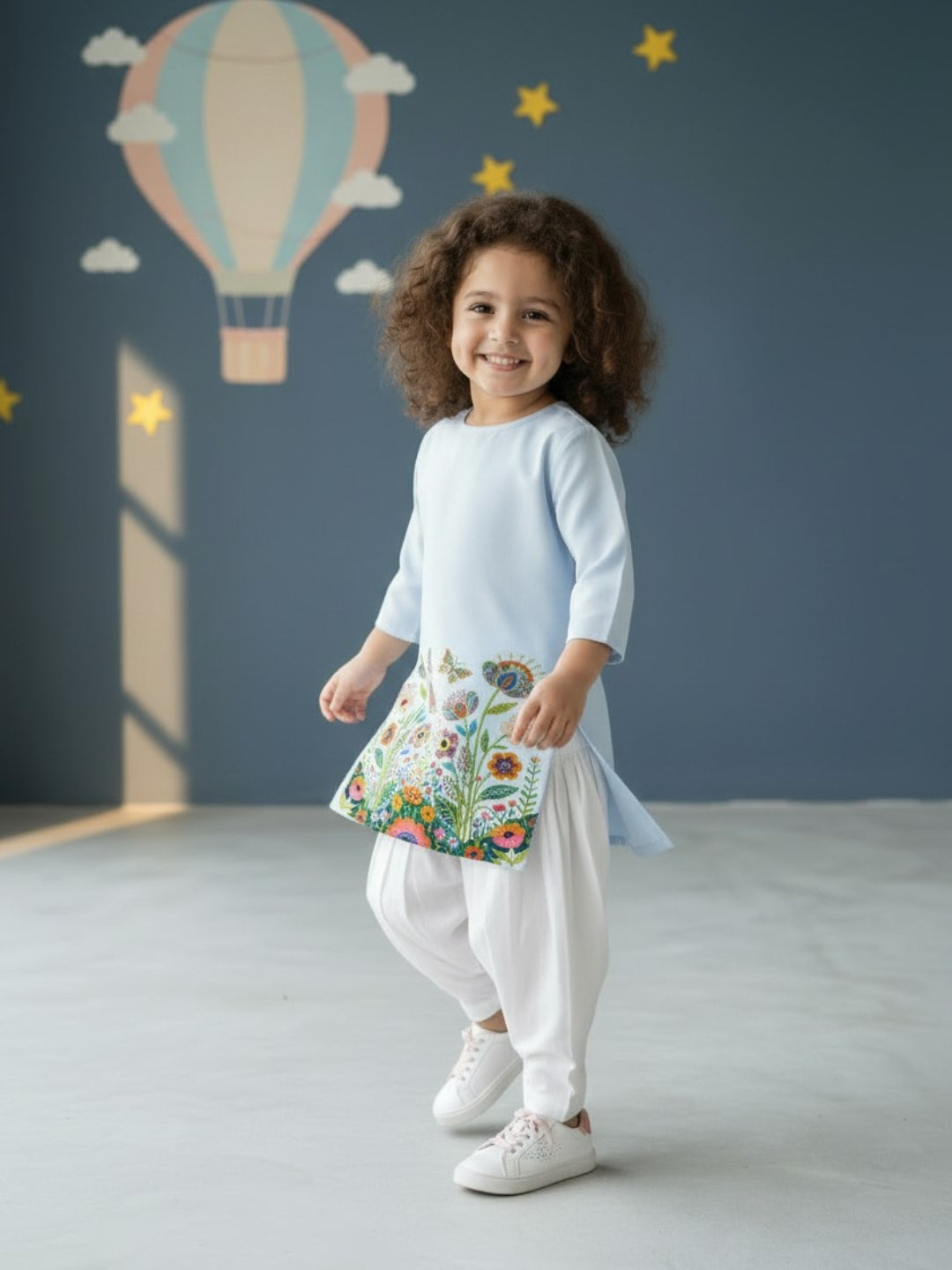 Girls' Sky Blue Cotton Kurti Set – Ethnic Print