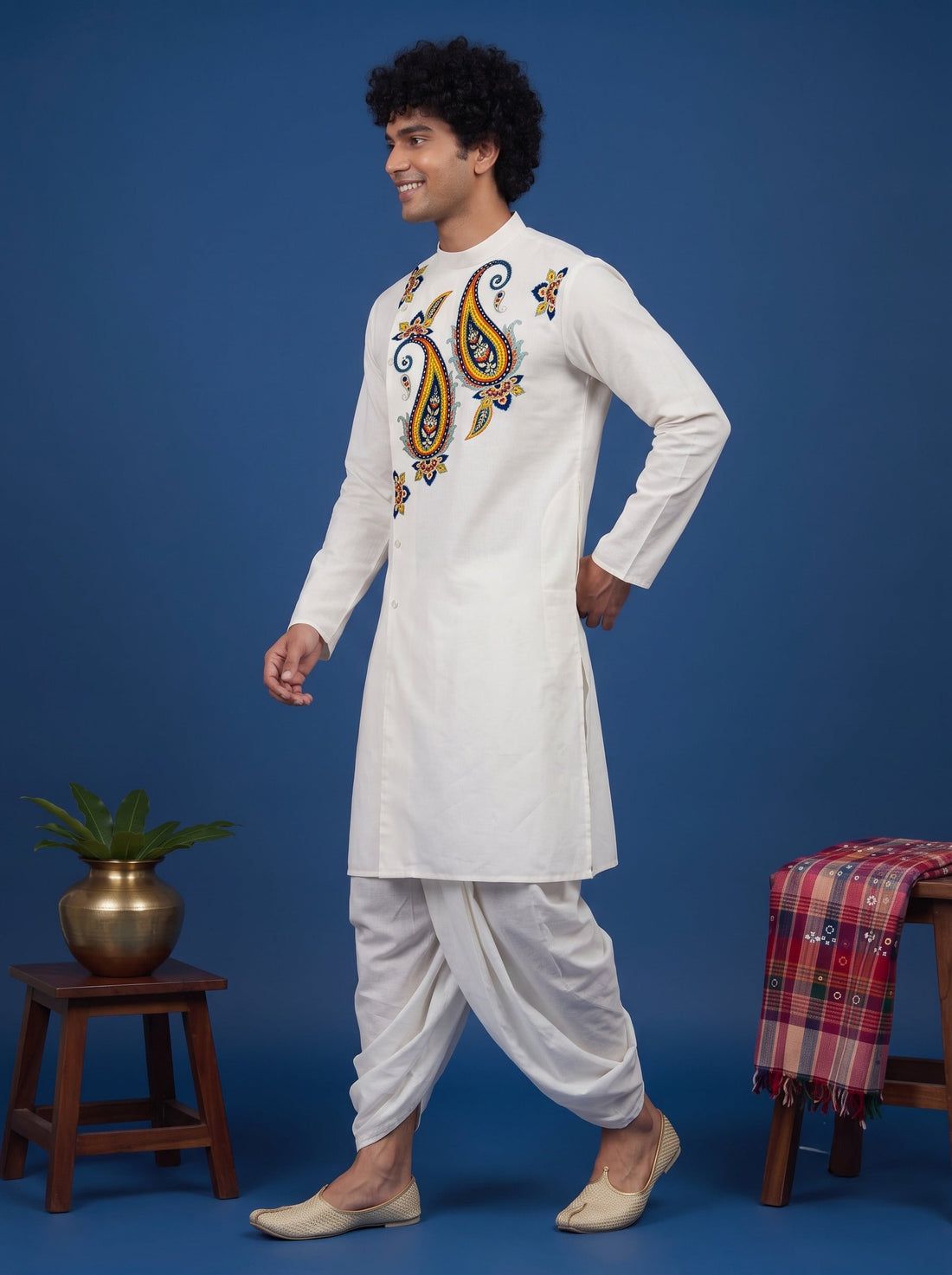 Men's White Cotton Kurta with Dhoti Set – Ethnic Print & Side Placket