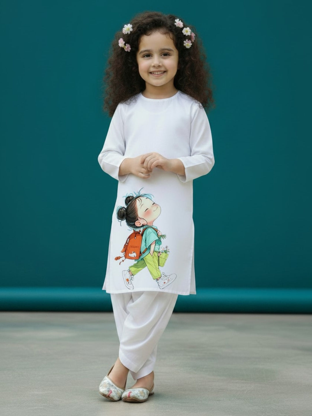 Girls' White Cotton Kurti Set – Ethnic Print