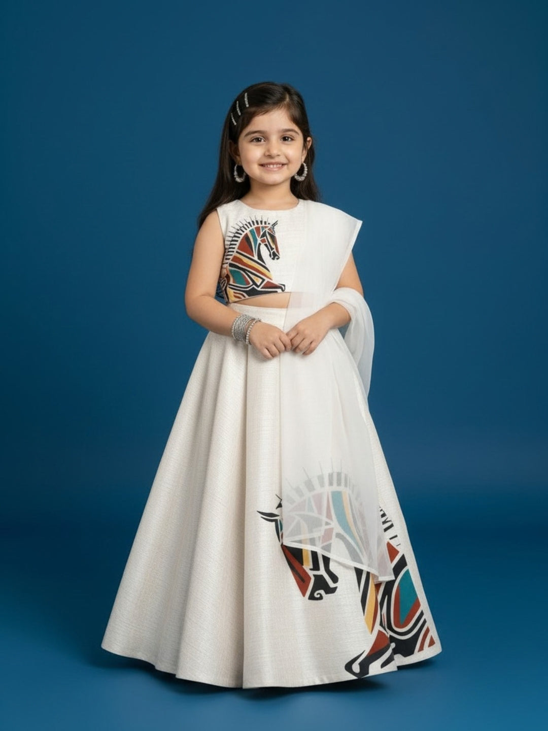 Girls' Off-White Art Silk Lehenga Set – Printed