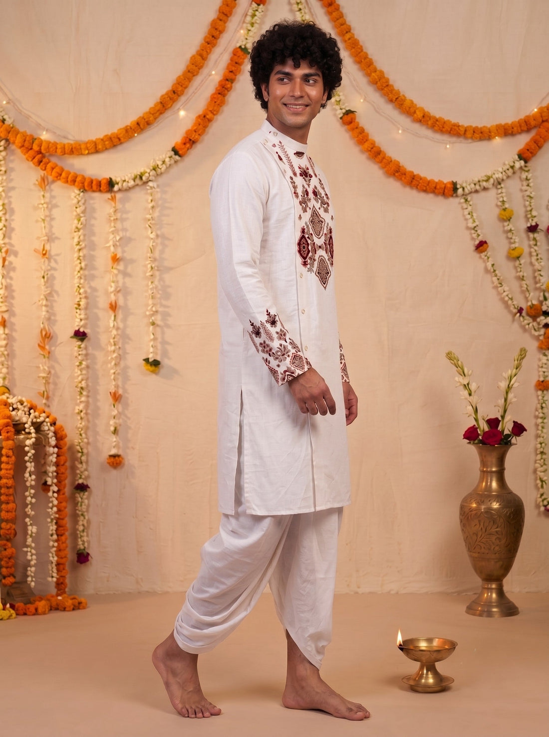 Men's White Cotton Kurta with Dhoti Set – Ethnic Print & Side Placket