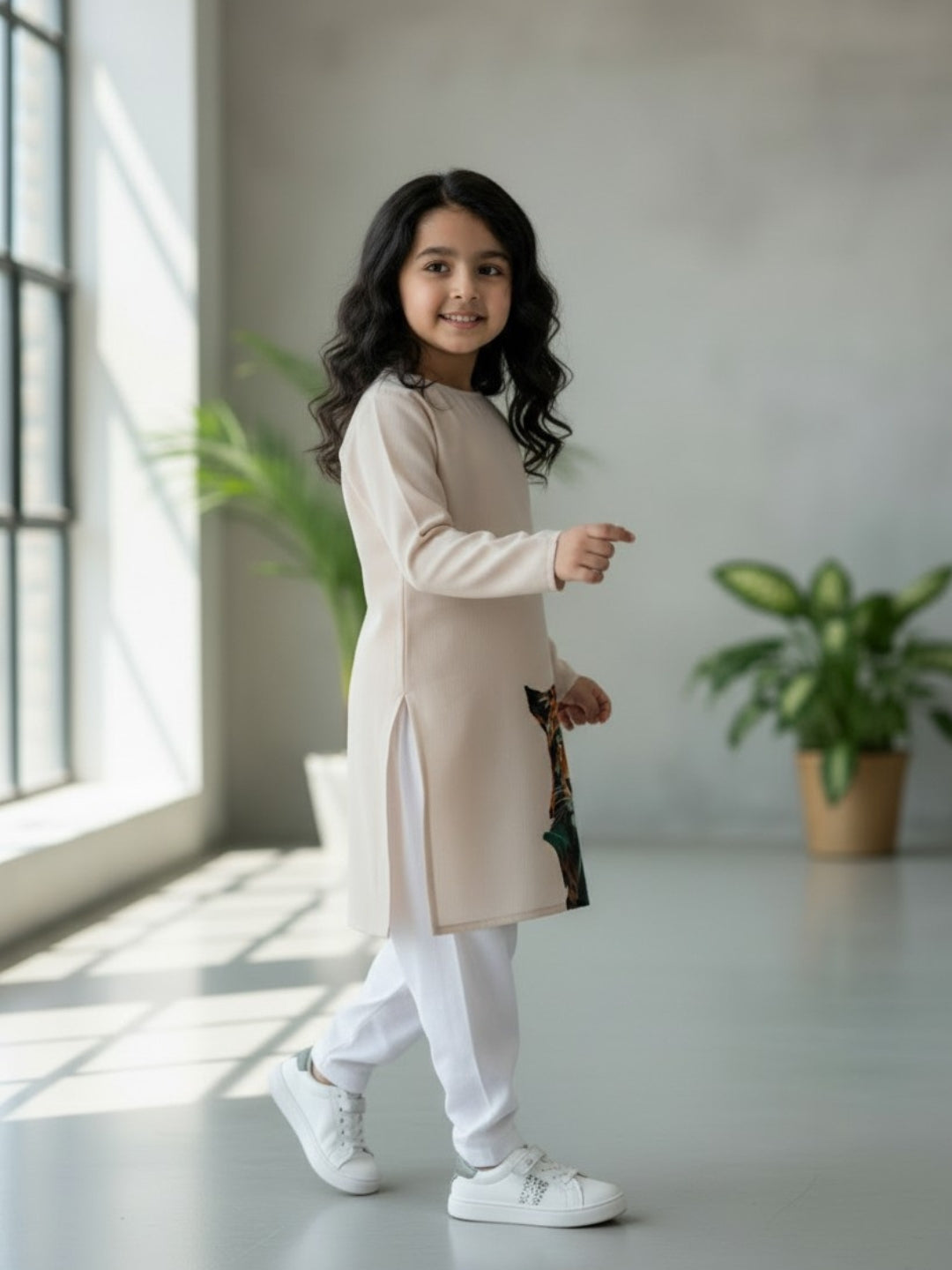 Girls' Beige Cotton Kurti Set – Ethnic Print