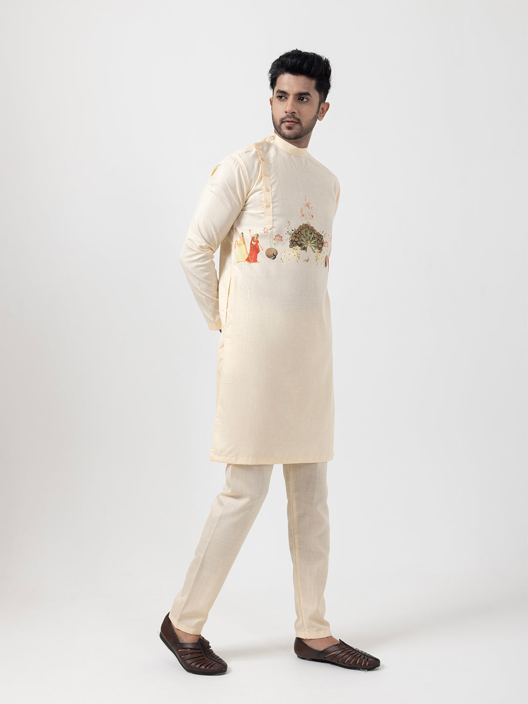 Men's Beige Cotton Kurta Set – Ethnic Print & Side Placket