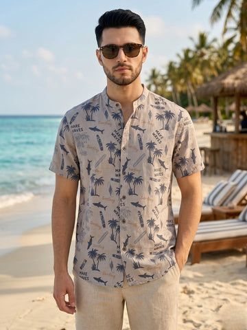Men's Beige Cotton Shirt – Ethnic Print