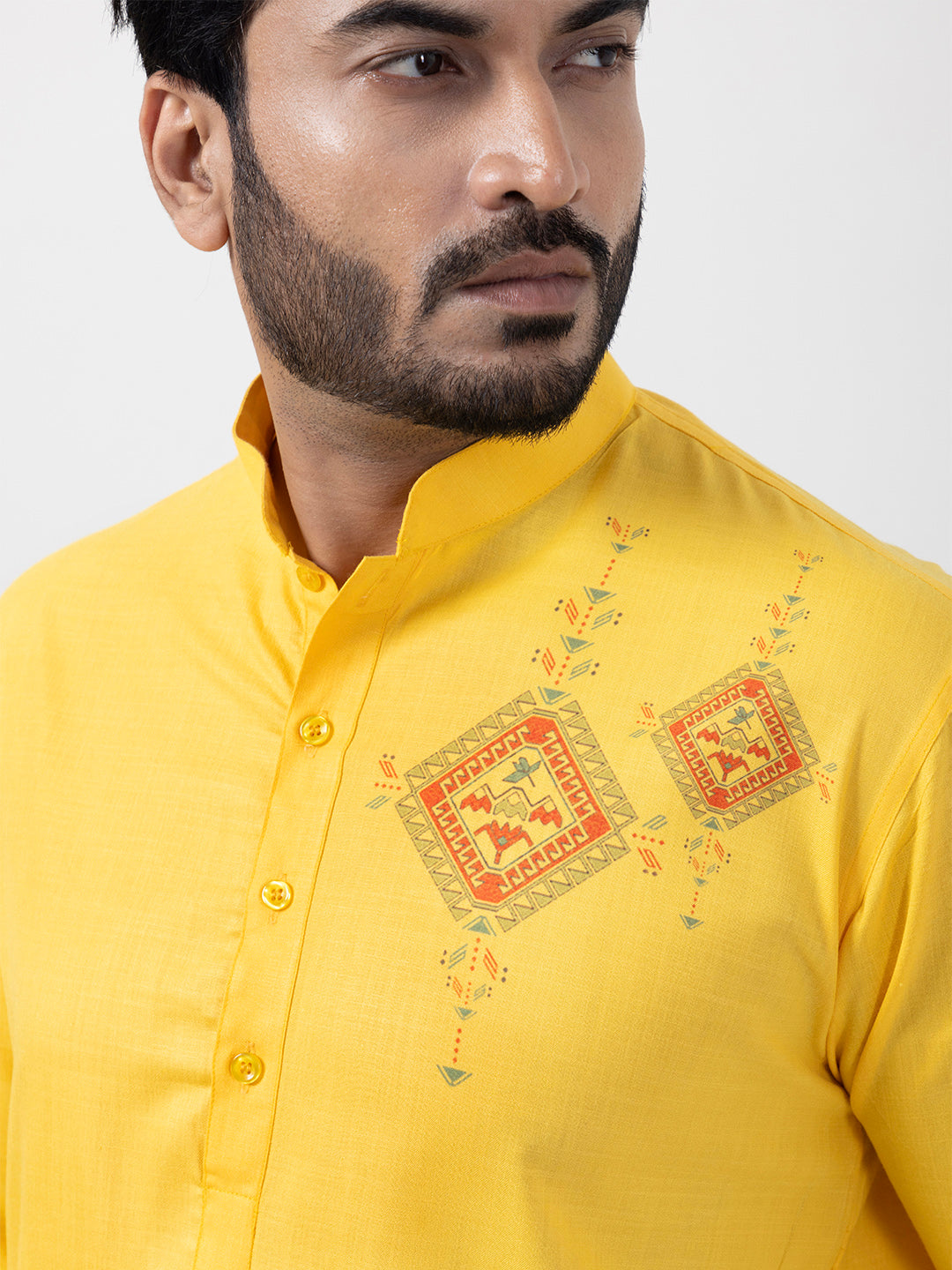 Men's Yellow Cotton Kurta Set – Ethnic Print