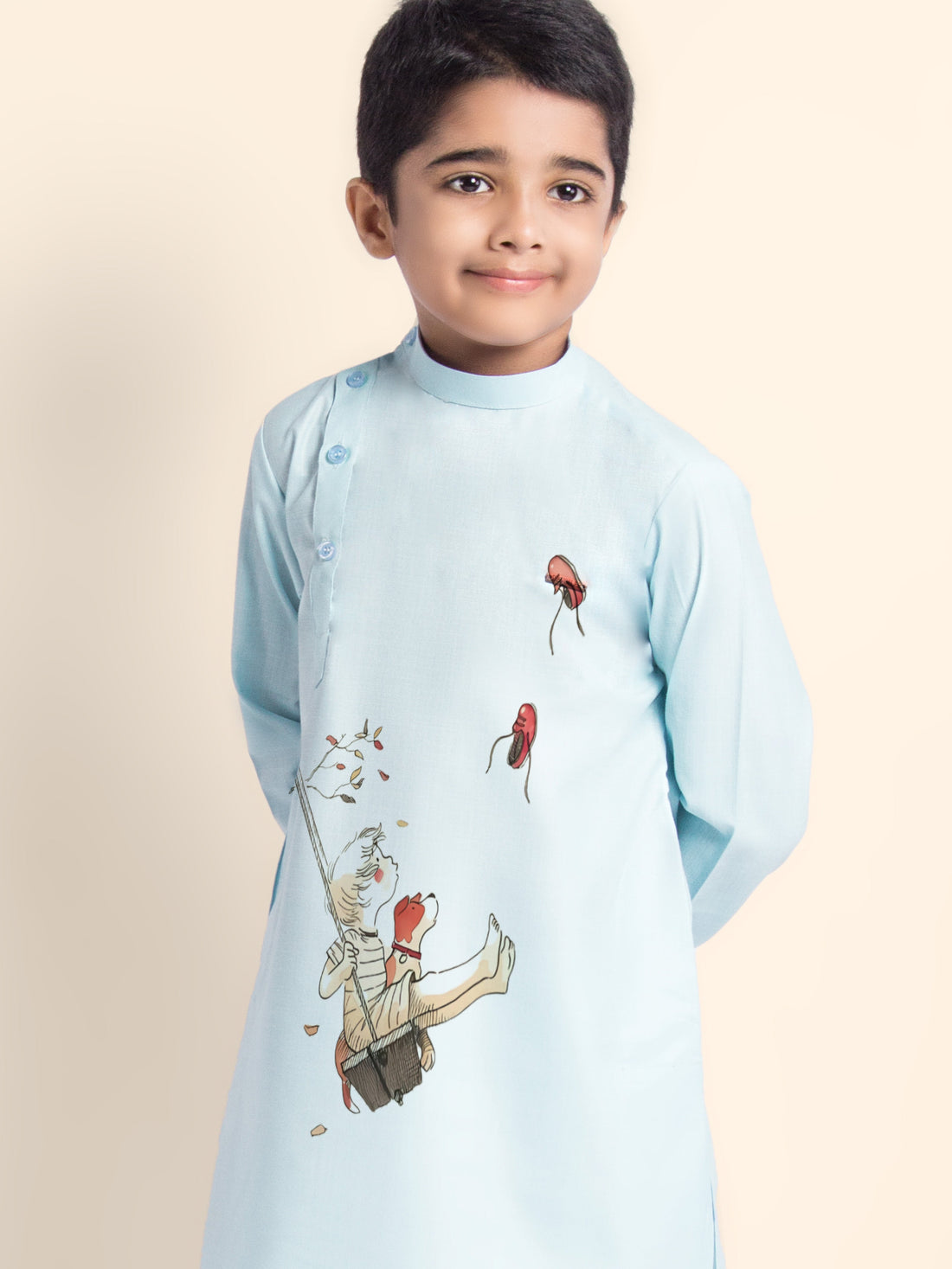 Boys' Sky Blue Cotton Kurta & Pyjama Set – Printed