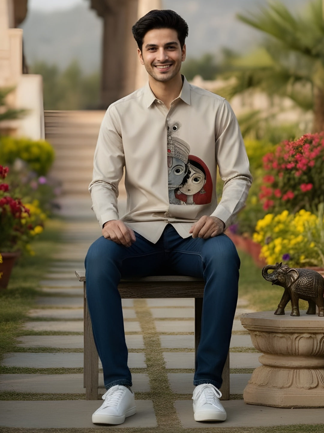 Men's Beige Cotton Shirt – Ethnic Print