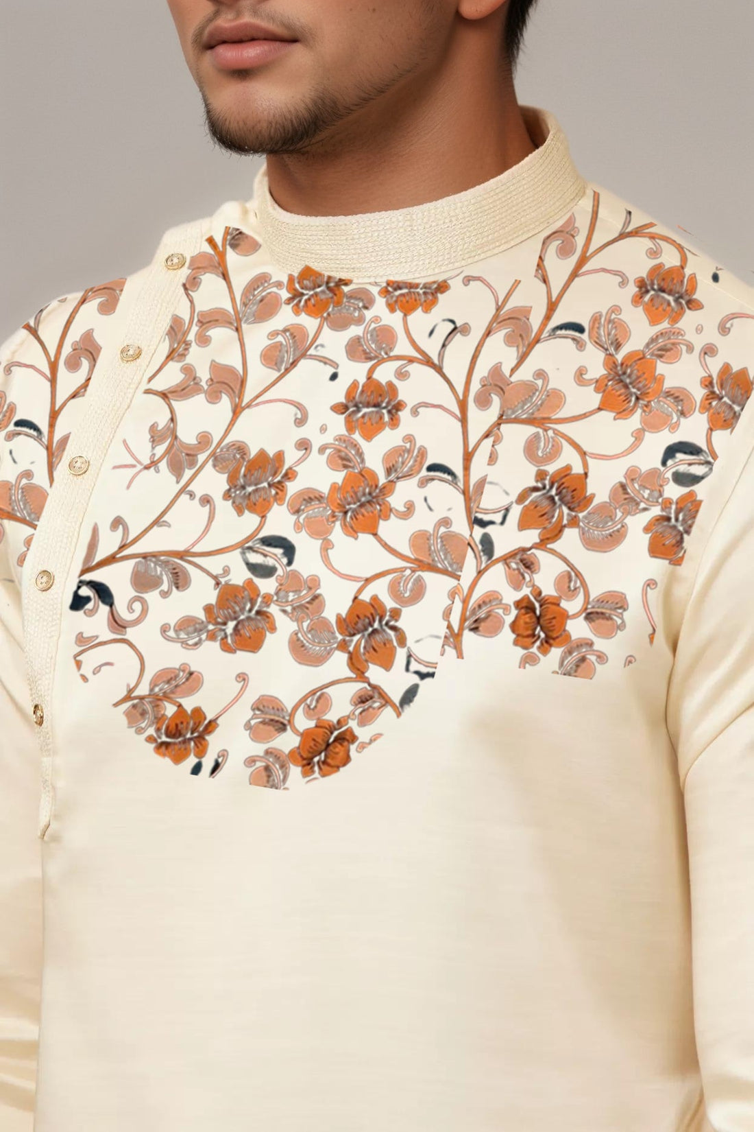 Men's Beige Cotton Kurta Set – Ethnic Print & Side Placket