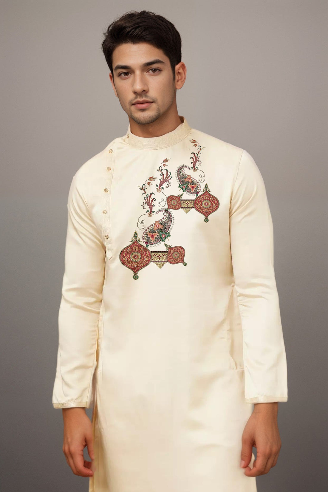 Men's Beige Cotton Kurta Set – Ethnic Print & Side Placket