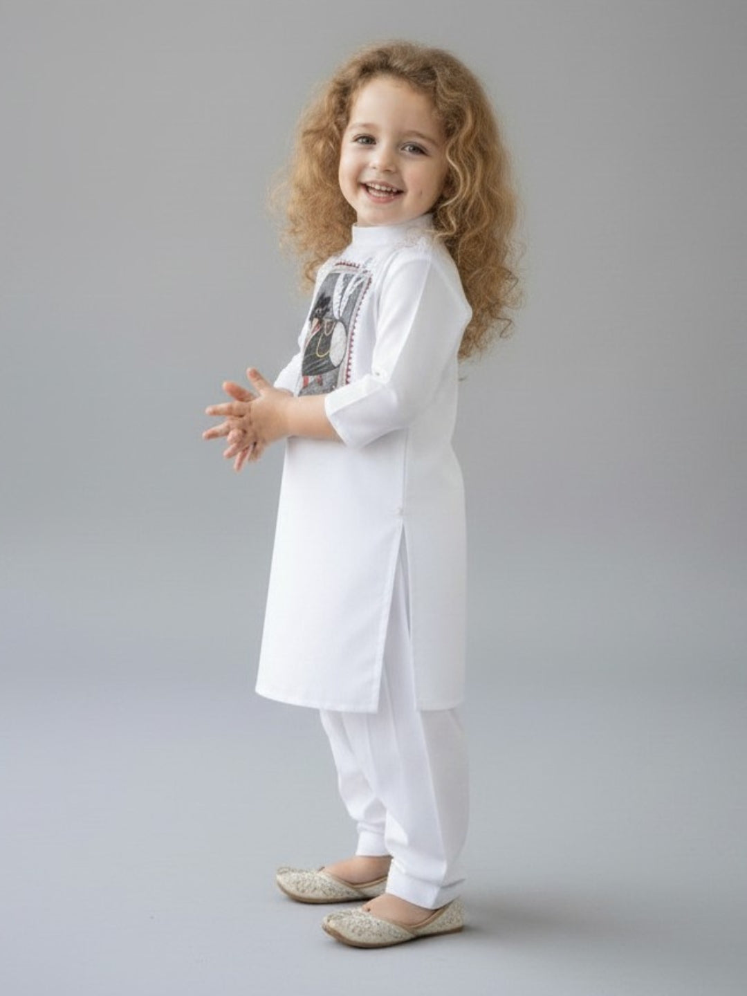Girls' White Cotton Kurti Set – Ethnic Print