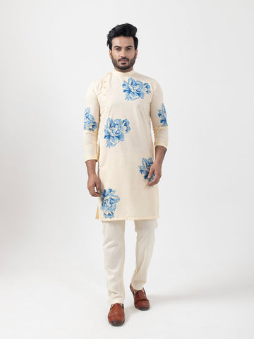 Men's Beige Cotton Kurta Set – Ethnic Print & Side Placket