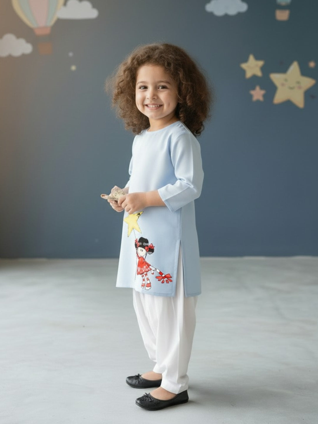 Girls' Sky Blue Cotton Kurti Set – Ethnic Print
