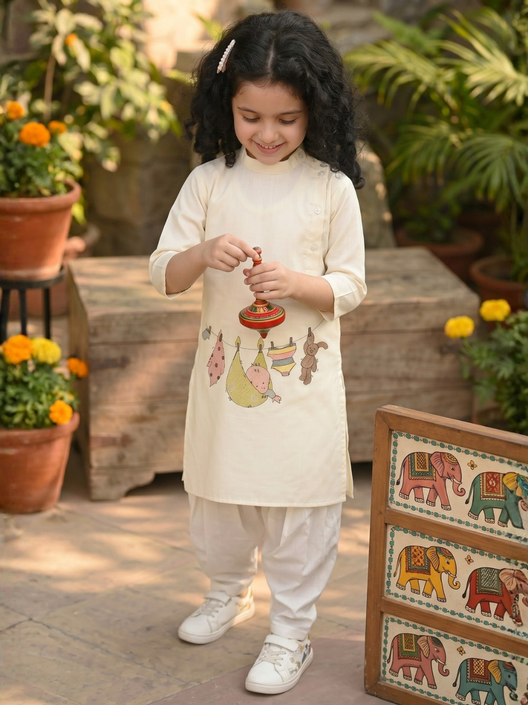 Girls' Beige Cotton Kurti Set – Ethnic Print