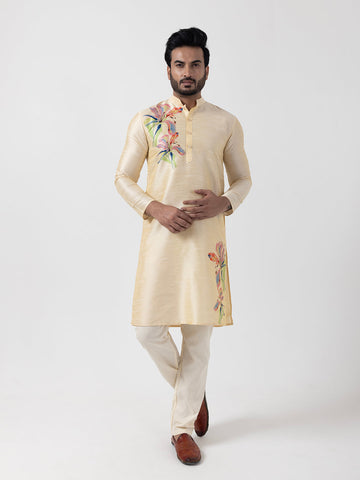 Men's Beige Art Silk Kurta Set – Ethnic Print