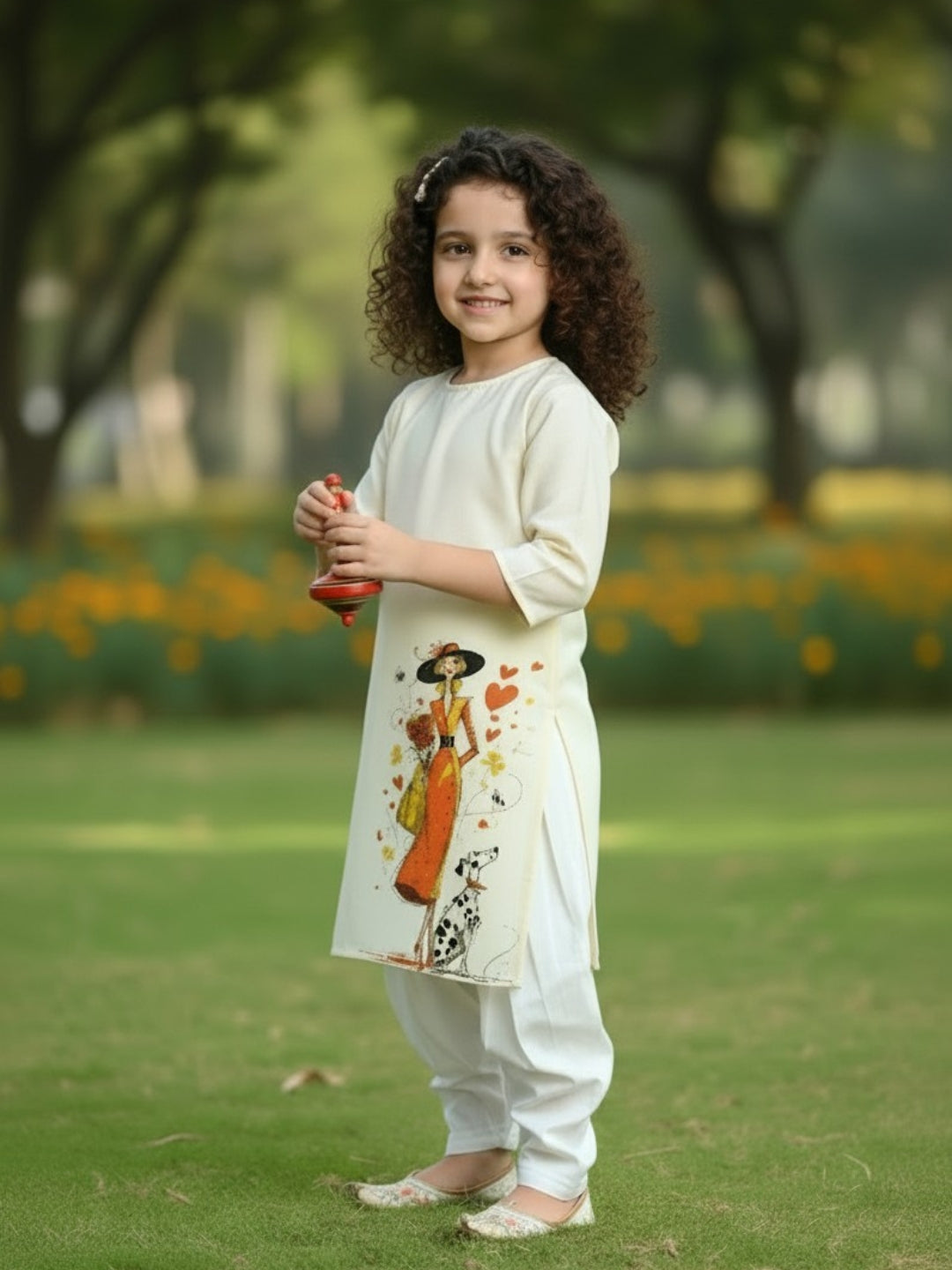 Girls' Beige Cotton Kurti Set – Ethnic Print