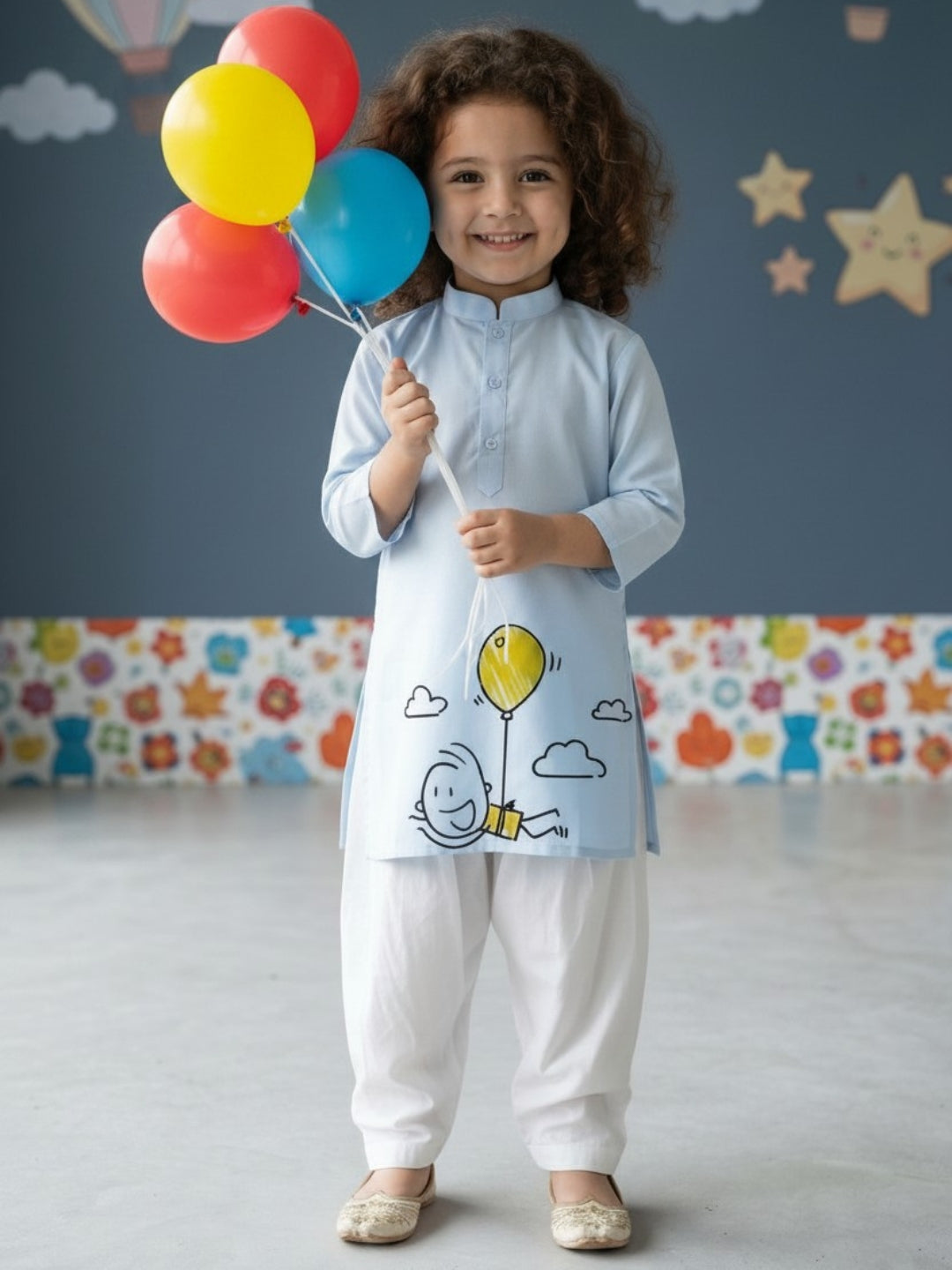 Girls' Sky Blue Cotton Kurti Set – Ethnic Print