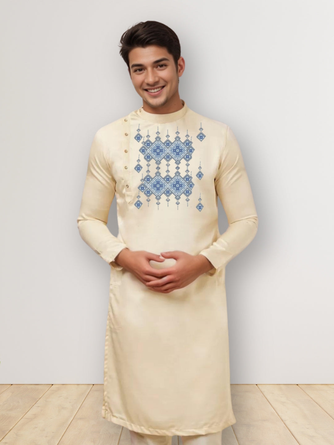 Men's Beige Cotton Kurta Set – Ethnic Print & Side Placket