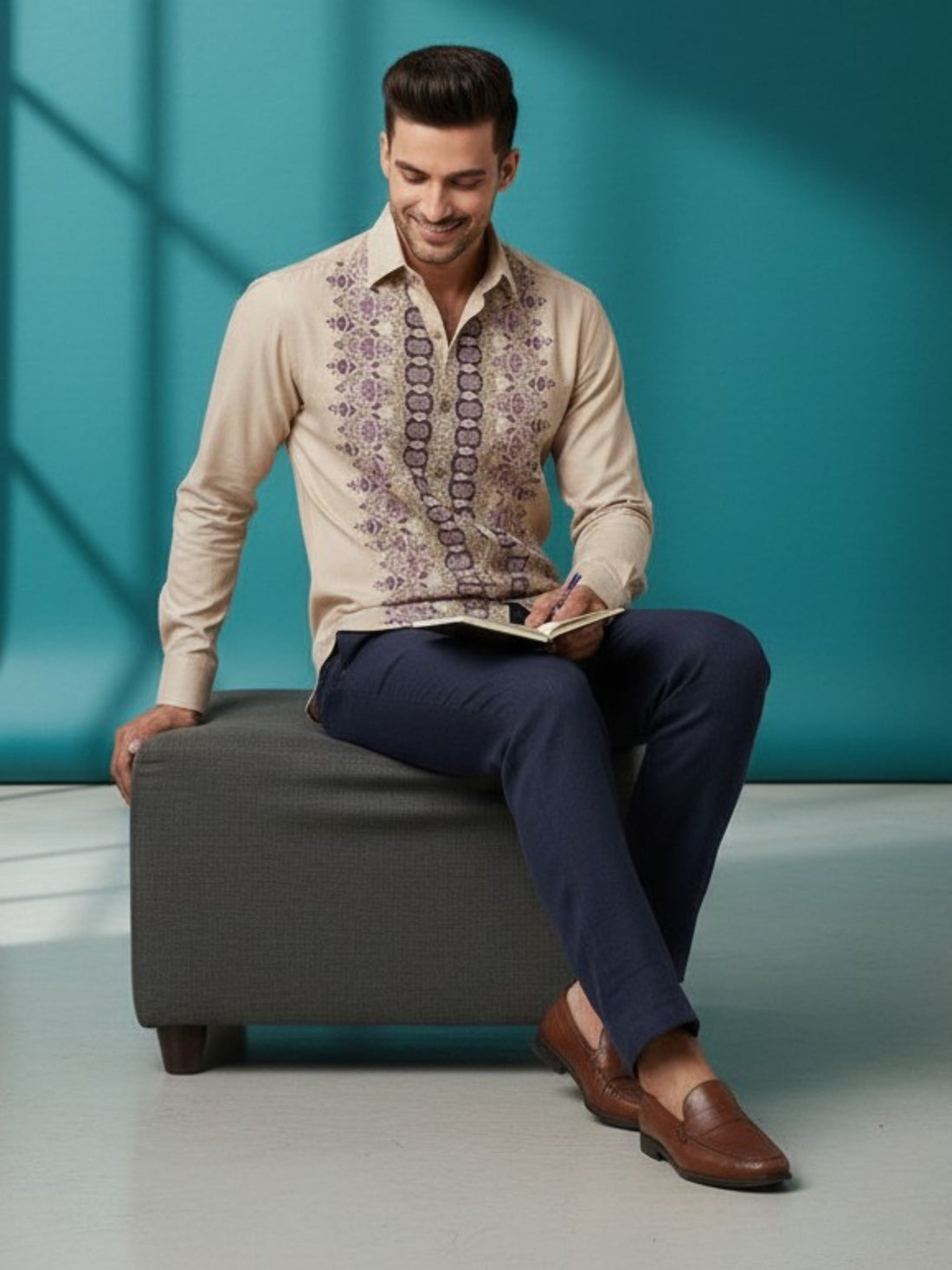 Men's Beige Cotton Shirt – Ethnic Print