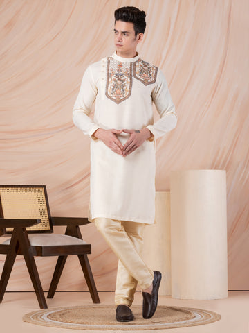 Men's Beige Cotton Kurta Set – Ethnic Print & Side Placket