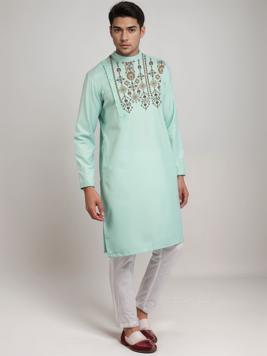 Men's Green Cotton Kurta Set – Ethnic Print & Side Placket