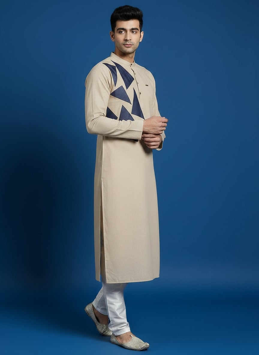 Men's Beige Cotton Linen Kurta Set – Ethnic Print & Side Placket