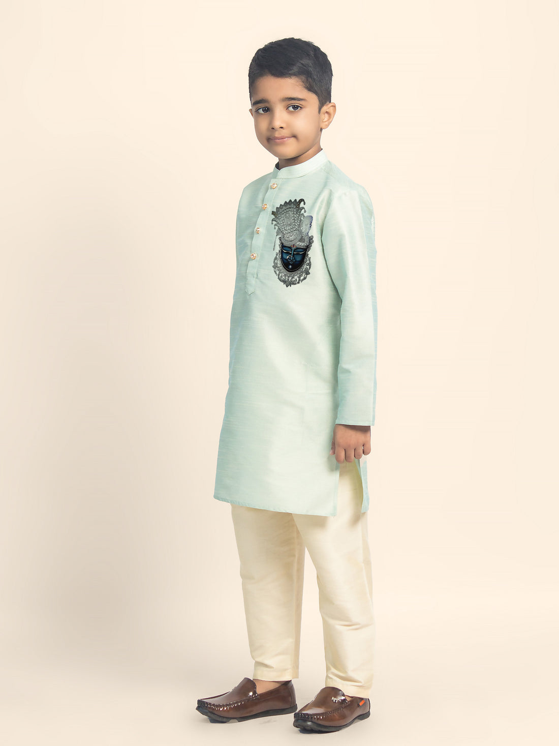 Boys' Green Dupion Silk Kurta & Beige Pyjama Set – Printed
