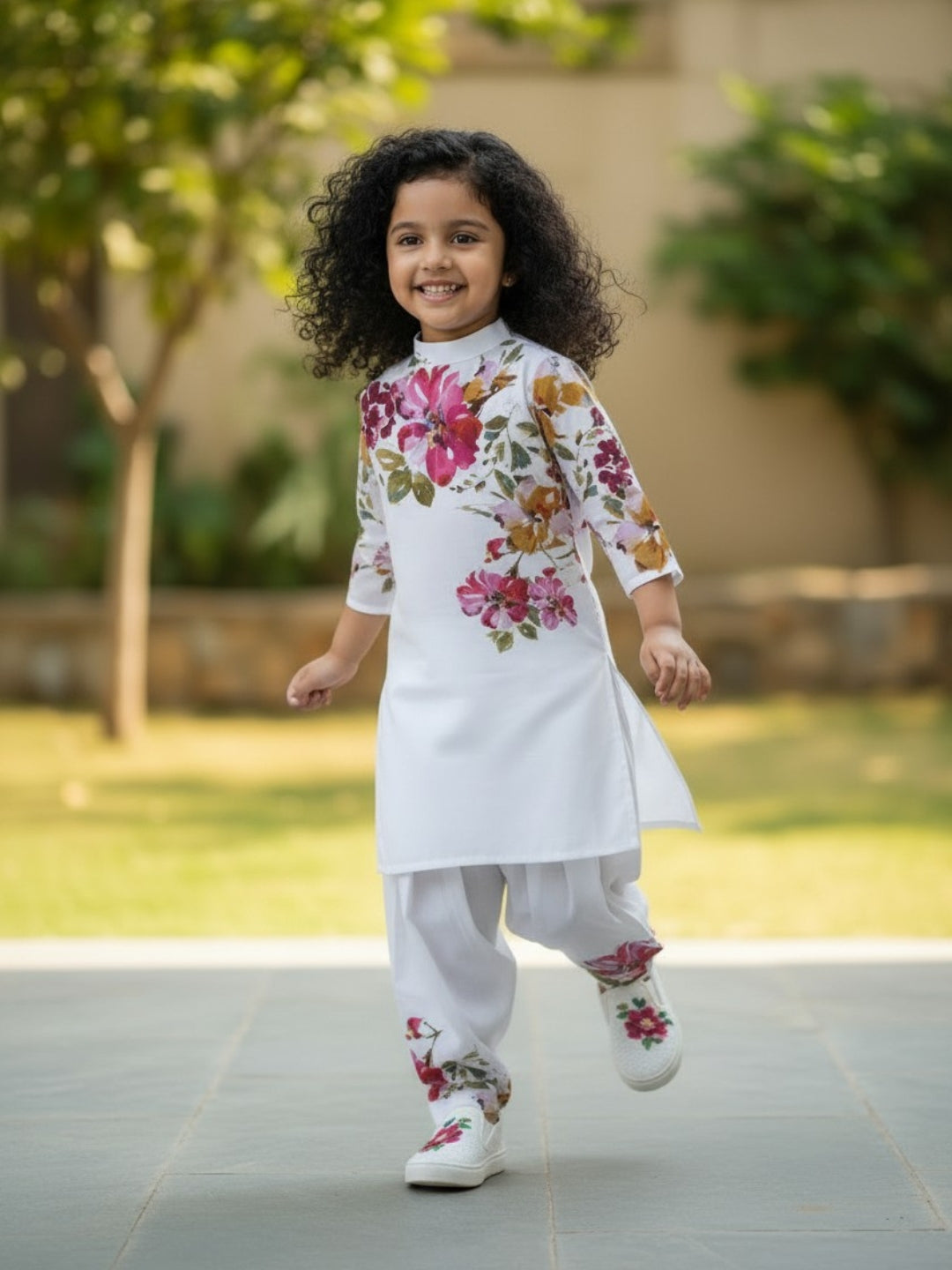 Girls' White Cotton Kurti Set – Ethnic Print