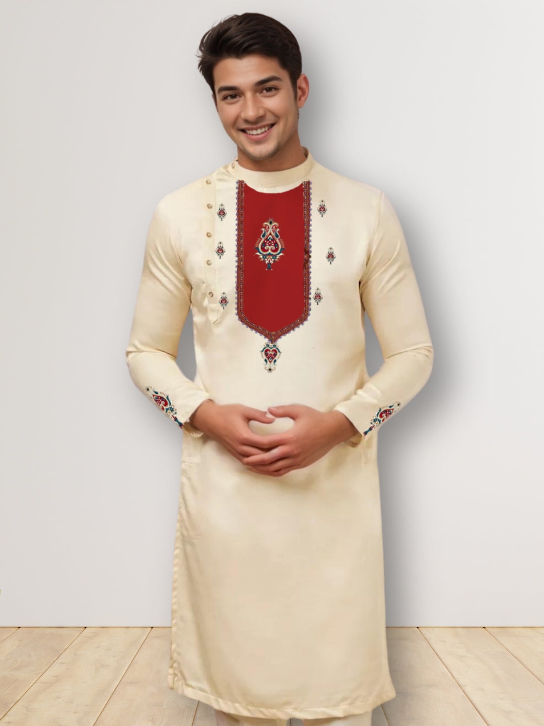 Men's Beige Cotton Kurta Set – Ethnic Print & Side Placket