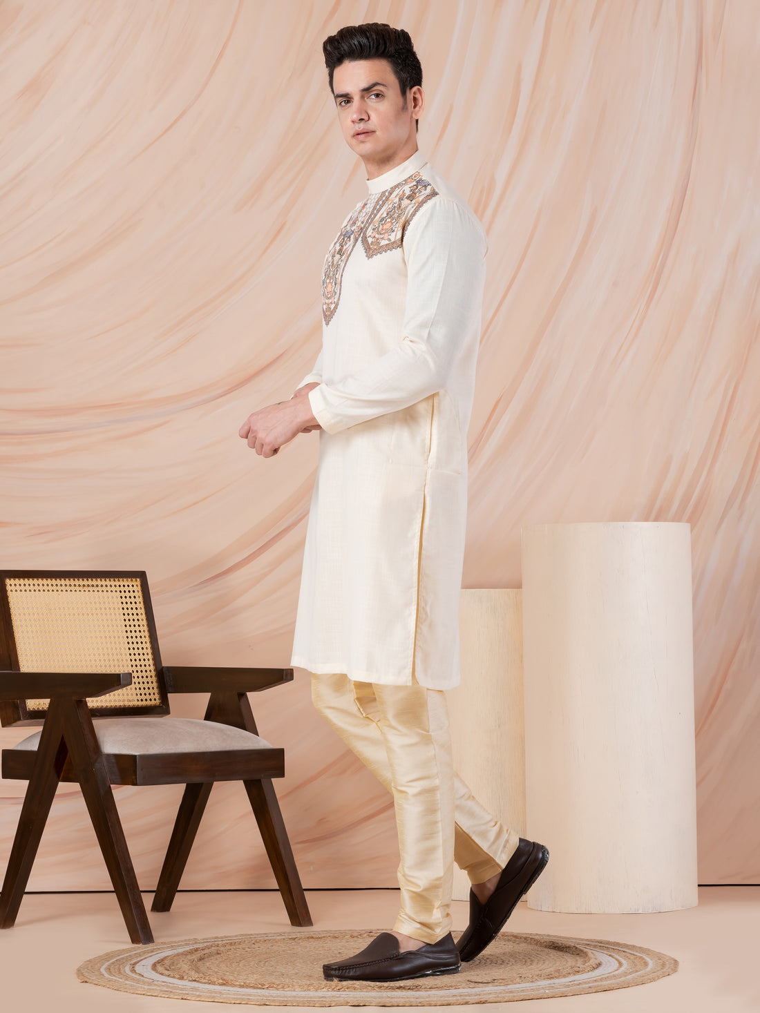 Men's Beige Cotton Kurta Set – Ethnic Print & Side Placket
