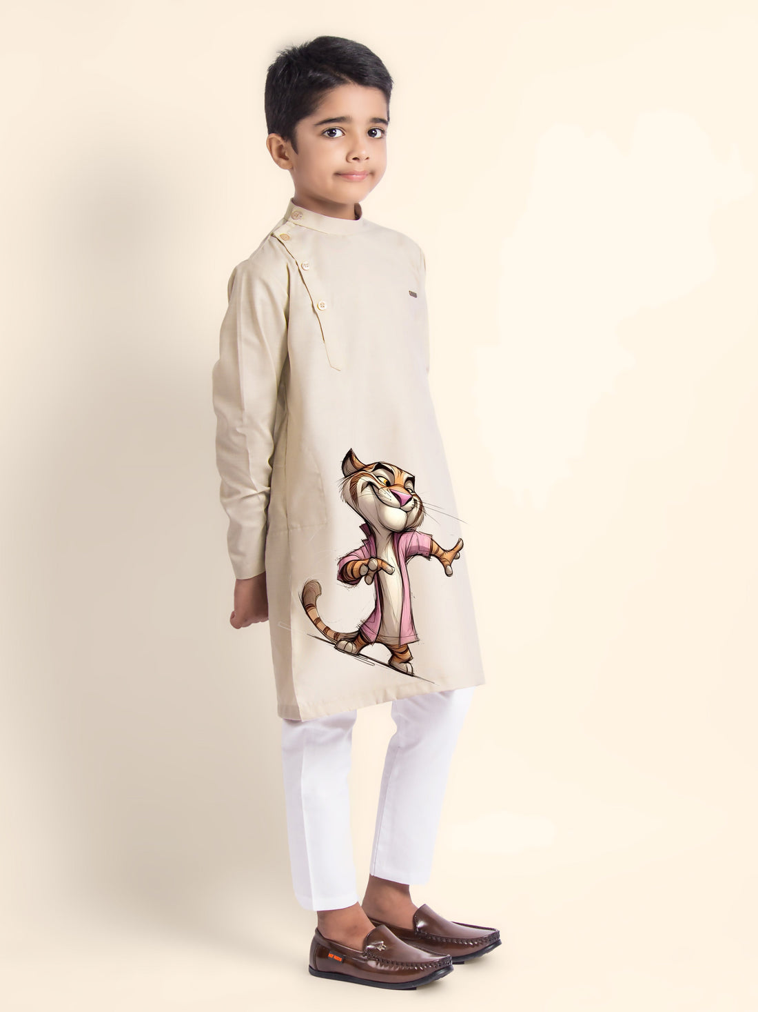 Boys' Beige Cotton Kurta & Pyjama Set – Printed