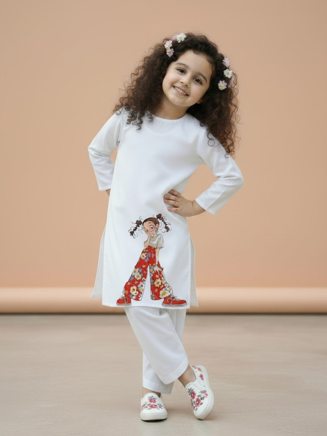 Girls' White Cotton Kurti Set – Ethnic Print