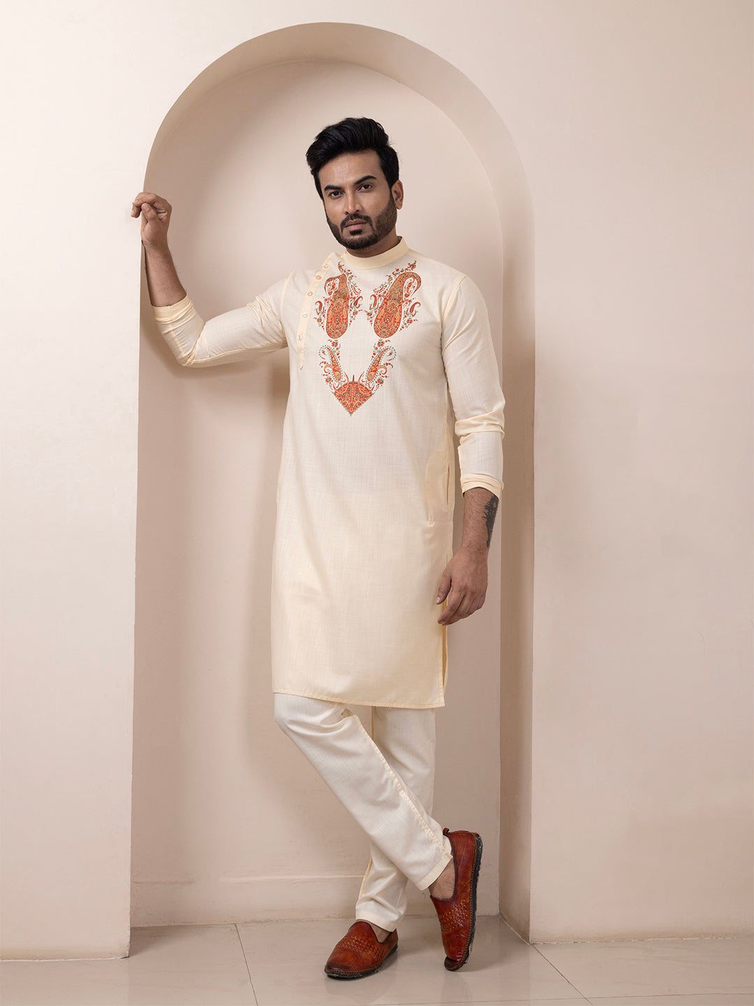 Men's Beige Cotton Kurta Set – Ethnic Print & Side Placket
