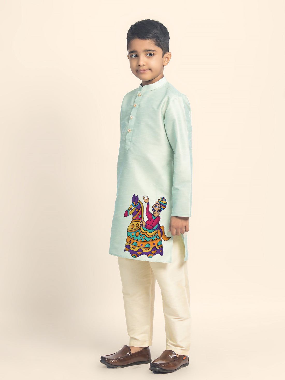 Boys' Green Dupion Silk Kurta Set – Printed