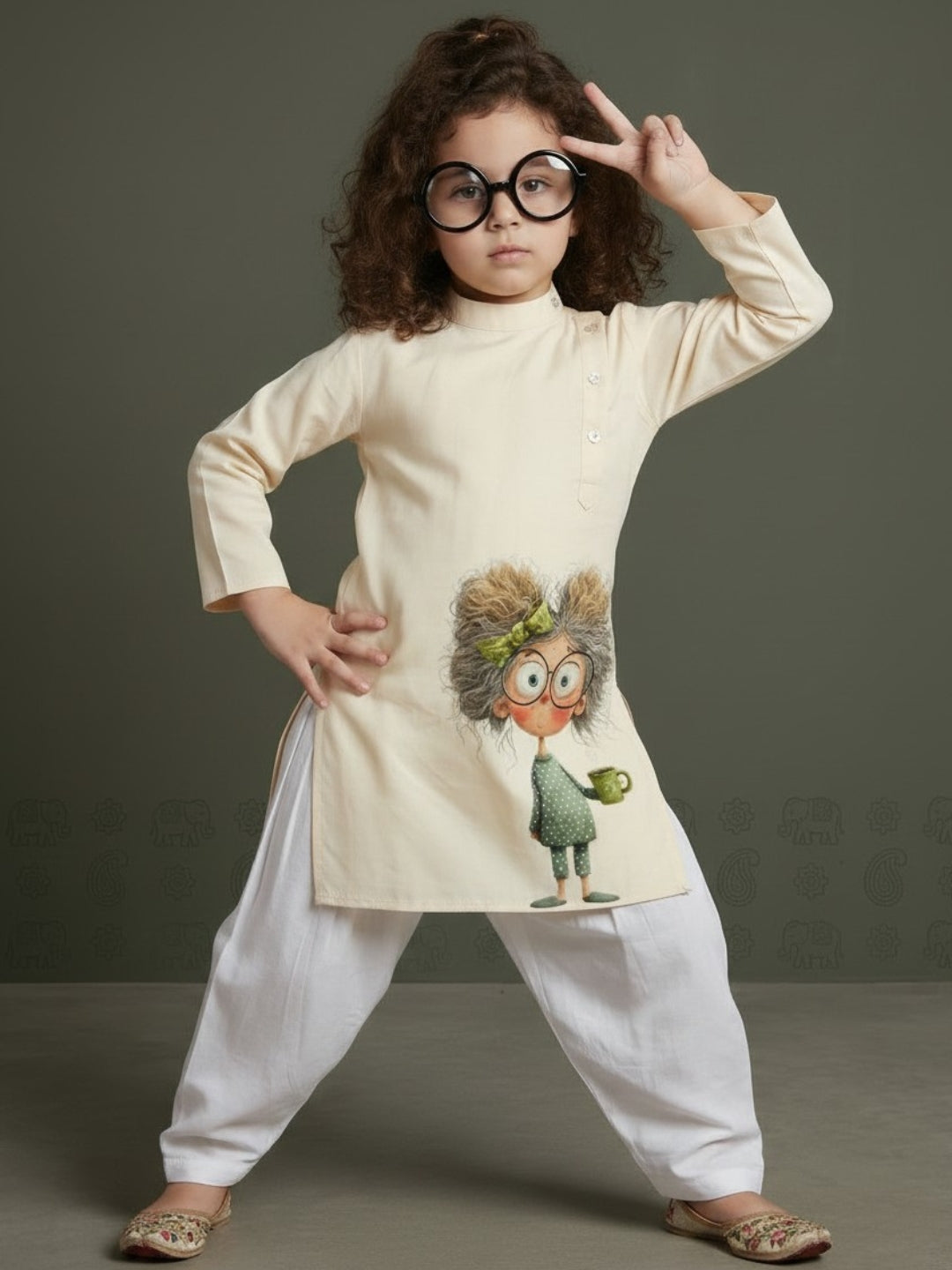 Girls' Beige Cotton Kurti Set – Ethnic Print