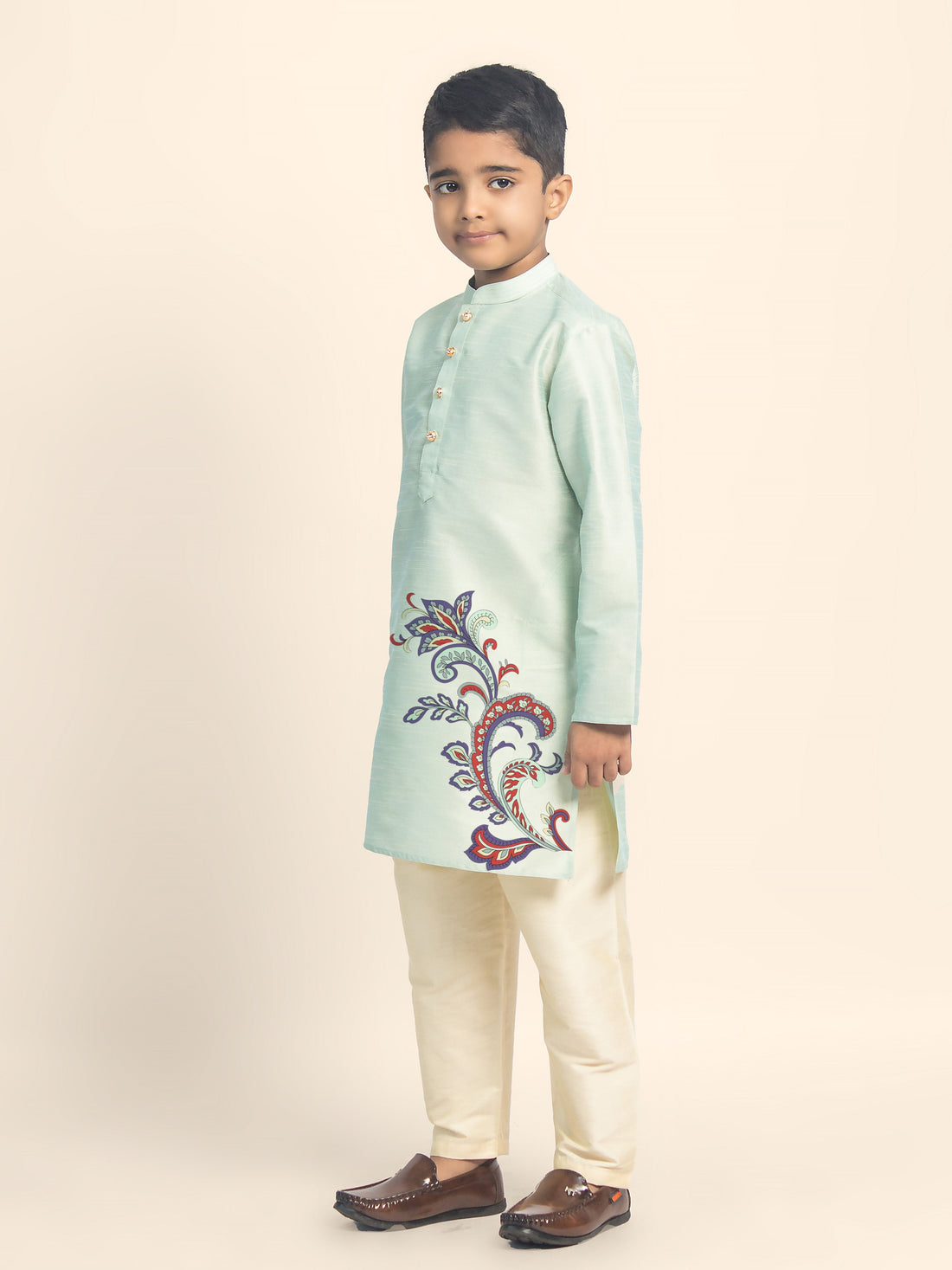 Boys' Green Dupion Silk Kurta & Beige Pyjama Set – Printed