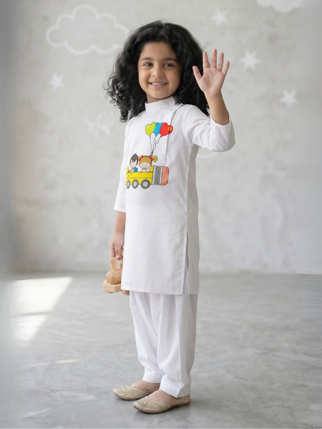 Girls' White Cotton Kurti Set – Ethnic Print
