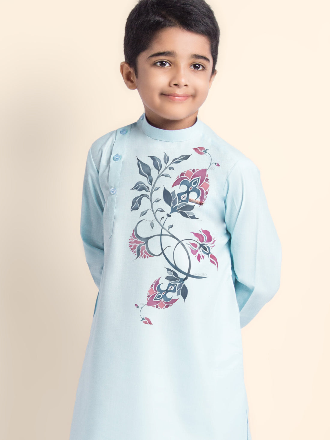 Boys' Sky Blue Cotton Kurta & Pyjama Set – Printed