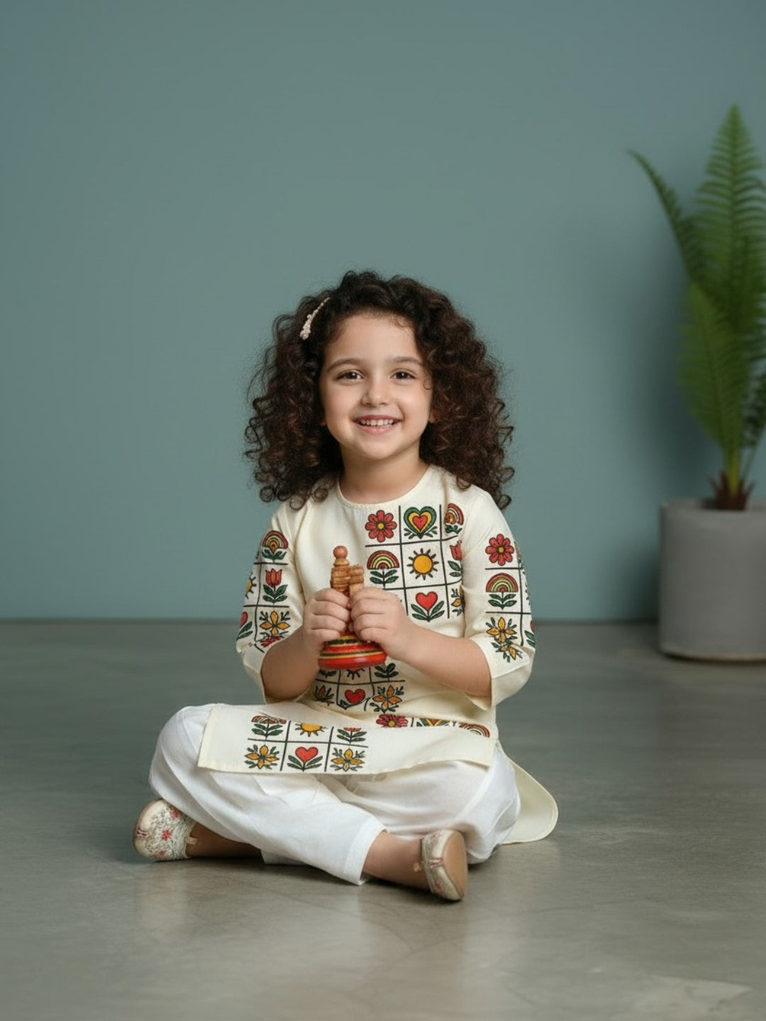 Girls' Beige Cotton Kurti Set – Ethnic Print