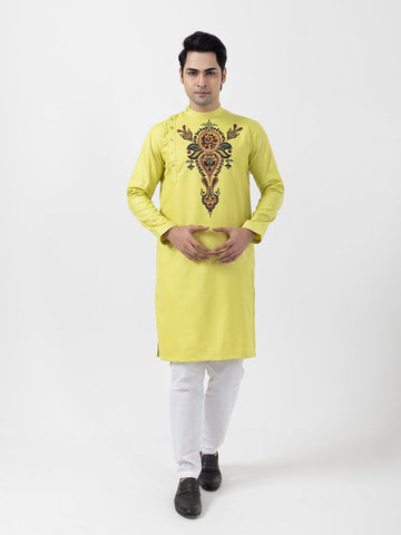 Men's Yellow Cotton Kurta Set – Ethnic Print & Side Placket