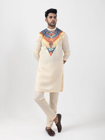 Men's Beige Cotton Kurta Set – Ethnic Print & Side Placket
