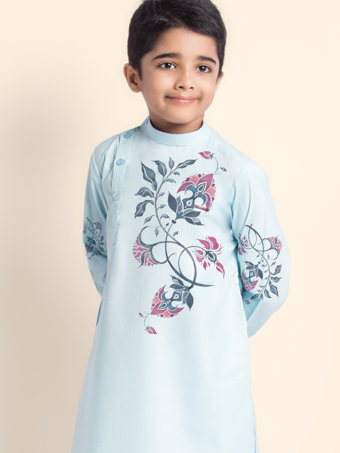 Boys' Sky Blue Cotton Kurta & Pyjama Set – Printed