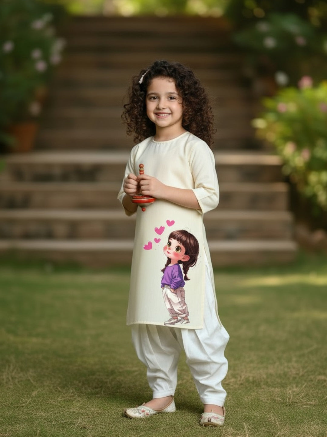 Girls' Beige Cotton Kurti Set – Ethnic Print