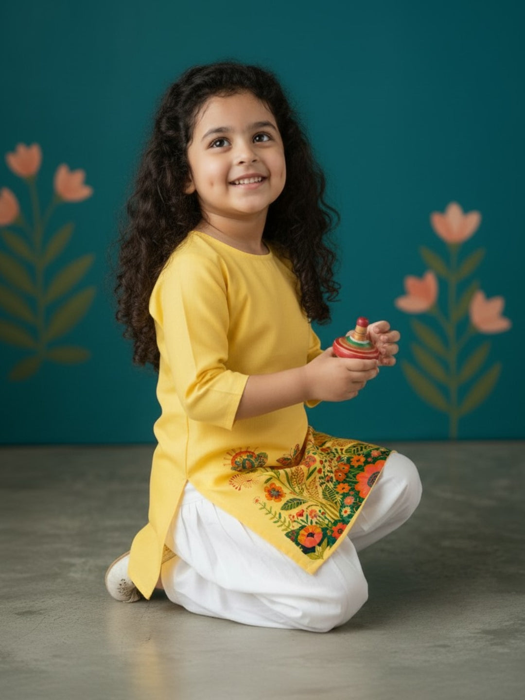 Girls' Yellow Cotton Kurti Set – Ethnic Print