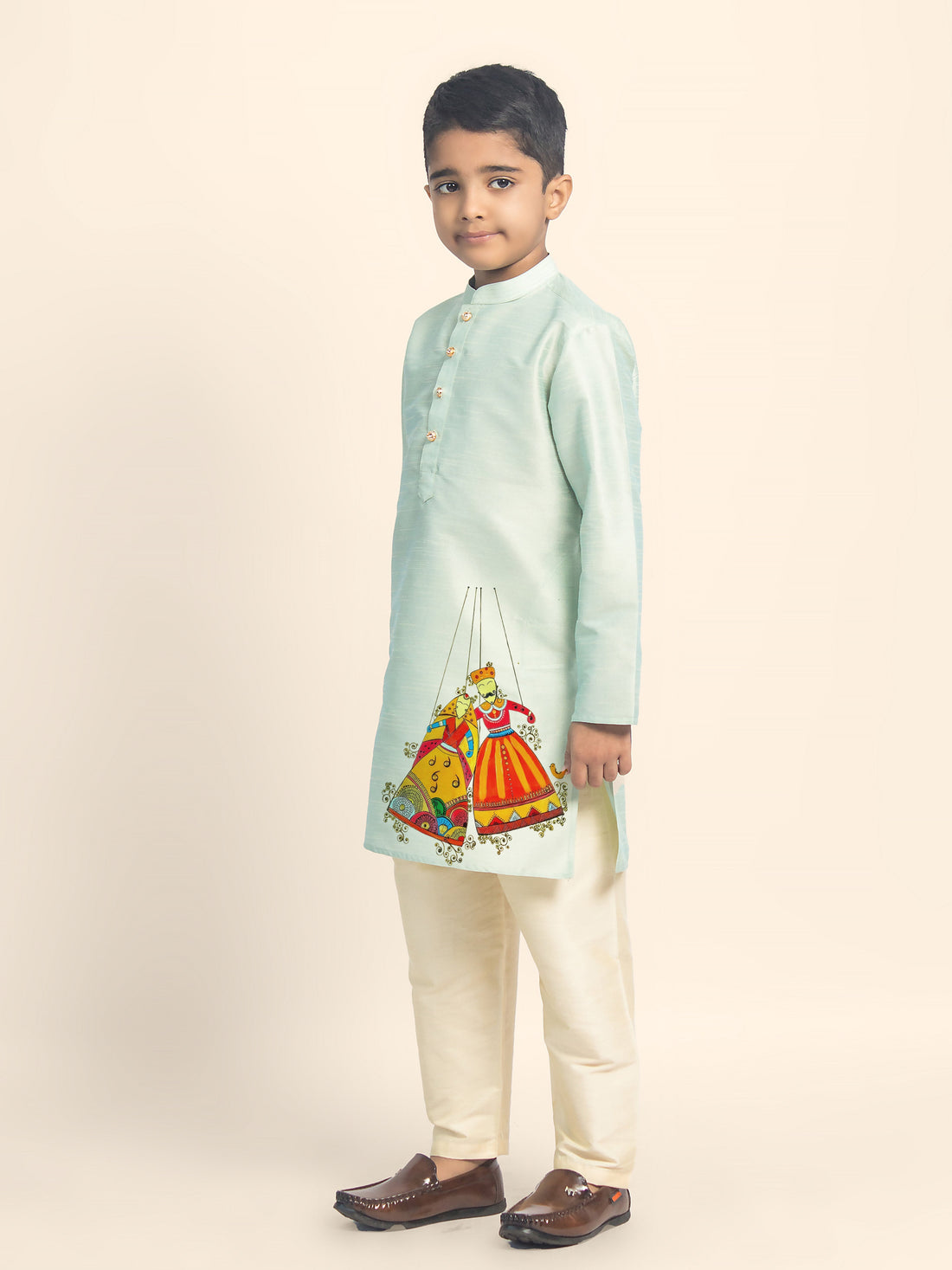 Boys' Green Dupion Silk Kurta & Beige Pyjama Set – Printed