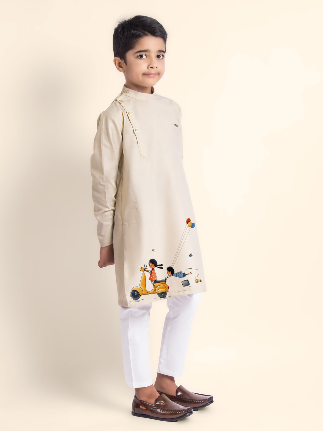 Boys' Beige Cotton Kurta Set – Printed